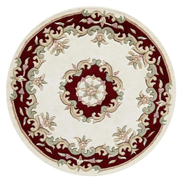 Royal Traditional Floral Aubusson Medallion Border French-Style Hand-Carved Hi-Low Textured Soft Durable Wool Cream/Red Round Rug-Melrose-Rug Love - The Most Loved Rug Store